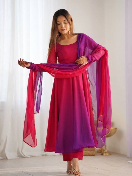 Stylish Dark Pink Georgette Three Piece Anarkali Set for Wedding Wear Kurtis