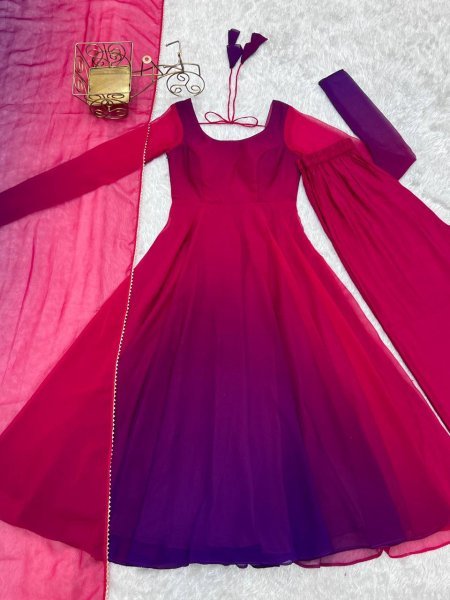 Stylish Dark Pink Georgette Three Piece Anarkali Set for Wedding Wear Anarkali Kurtis 