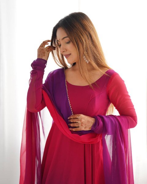 Stylish Dark Pink Georgette Three Piece Anarkali Set for Wedding Wear Anarkali Kurtis 