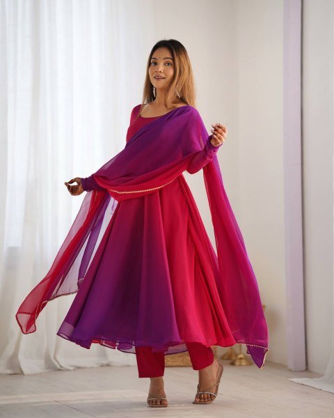 Stylish Dark Pink Georgette Three Piece Anarkali Set for Wedding Wear Anarkali Kurtis 