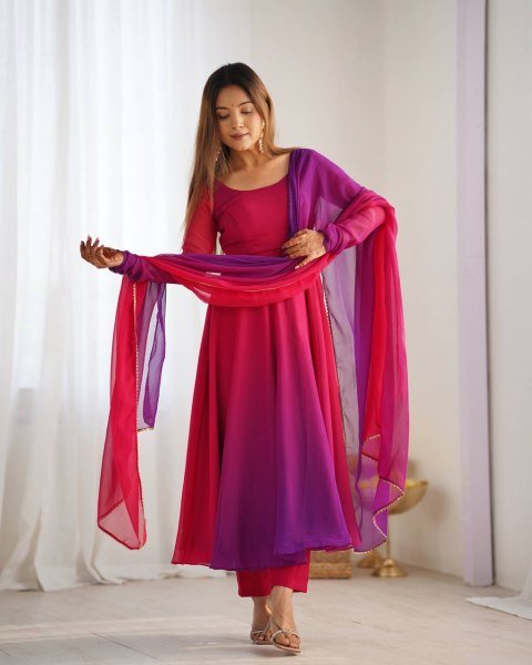 Stylish Dark Pink Georgette Three Piece Anarkali Set for Wedding Wear Anarkali Kurtis 