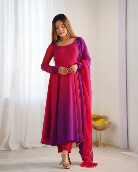 Stylish Dark Pink Georgette Three Piece Anarkali Set for Wedding Wear Anarkali Kurtis 