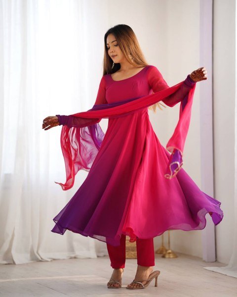 Stylish Dark Pink Georgette Three Piece Anarkali Set for Wedding Wear Anarkali Kurtis 