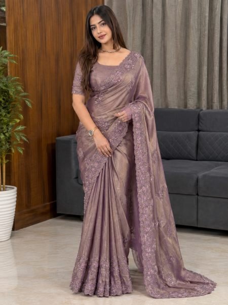 Stylish Dusty Mauve Meri Gold Saree with Full Body Zari and Sequin Beads Work Sarees 