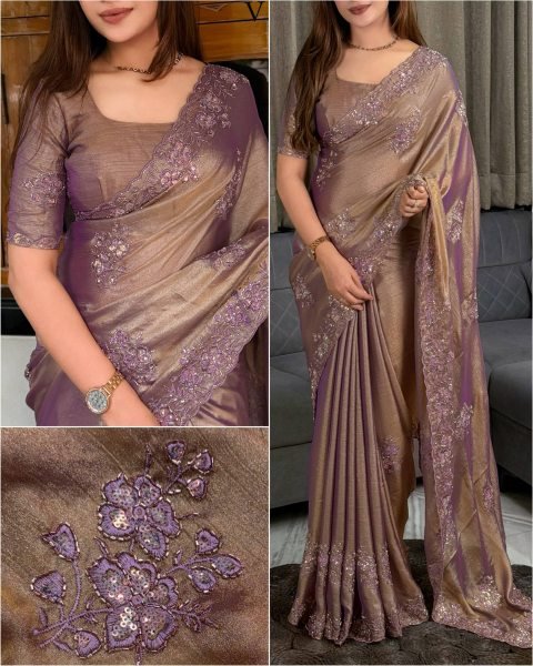Stylish Dusty Mauve Meri Gold Saree with Full Body Zari and Sequin Beads Work Embroidery Sarees Wholesale
