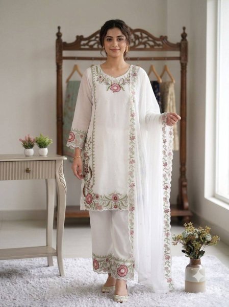 Stylish Embroidered Fox Georgette Kurti Palazzo Ensemble 
