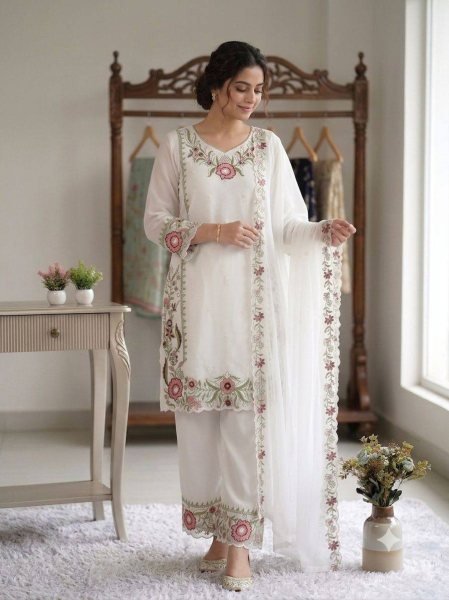 Stylish Embroidered Fox Georgette Kurti Palazzo Ensemble Ready To Wear Collection