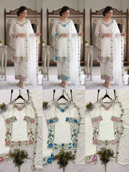 Stylish Embroidered Fox Georgette Kurti Palazzo Ensemble Ready To Wear Collection