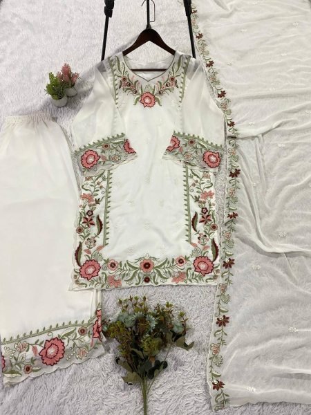 Stylish Embroidered Fox Georgette Kurti Palazzo Ensemble Ready To Wear Collection