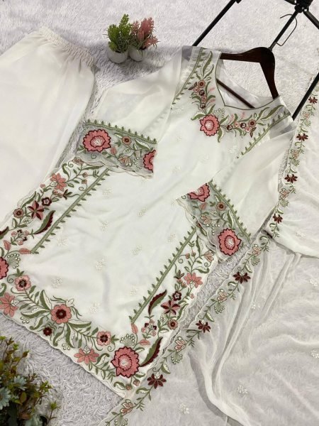 Stylish Embroidered Fox Georgette Kurti Palazzo Ensemble Ready To Wear Collection