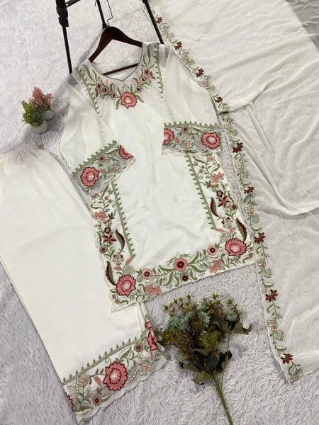 Stylish Embroidered Fox Georgette Kurti Palazzo Ensemble Ready To Wear Collection