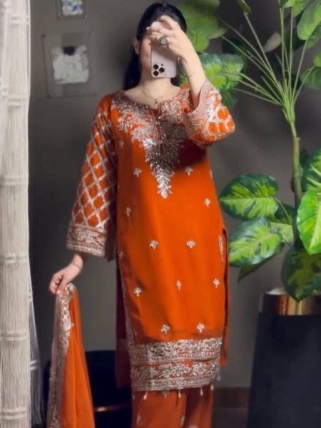 Stylish Faux Georgette Kurti Palazzo Set with Thread And Sequins Work for Party Wear Salwar Kameez