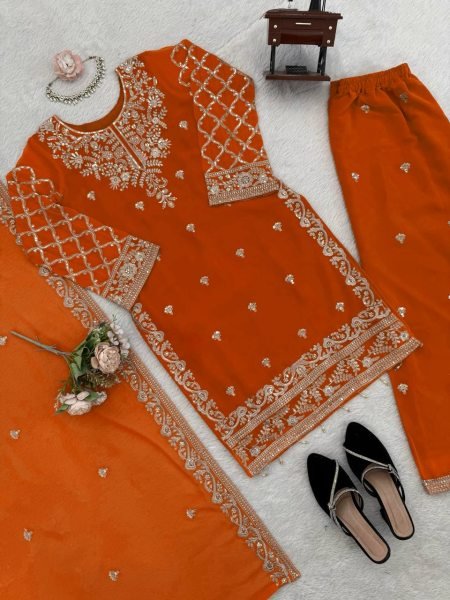 Stylish Faux Georgette Kurti Palazzo Set with Thread And Sequins Work for Party Wear Ready To Wear Collection