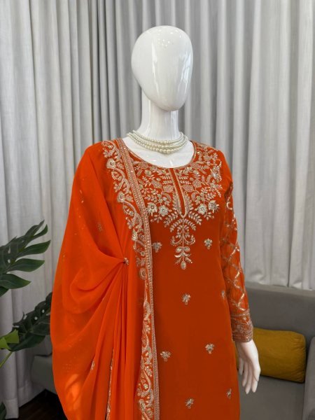 Stylish Faux Georgette Kurti Palazzo Set with Thread And Sequins Work for Party Wear Ready To Wear Collection