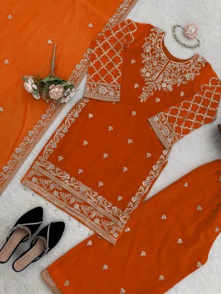 Stylish Faux Georgette Kurti Palazzo Set with Thread And Sequins Work for Party Wear Ready To Wear Collection