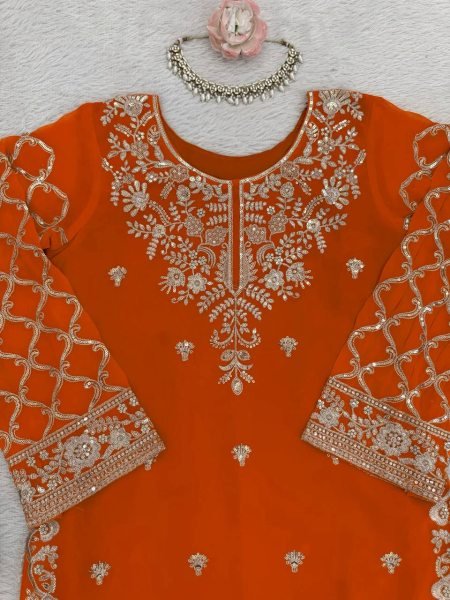 Stylish Faux Georgette Kurti Palazzo Set with Thread And Sequins Work for Party Wear Ready To Wear Collection