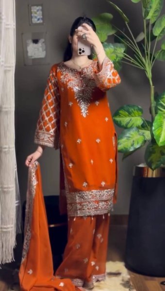 Stylish Faux Georgette Kurti Palazzo Set with Thread And Sequins Work for Party Wear Ready To Wear Collection