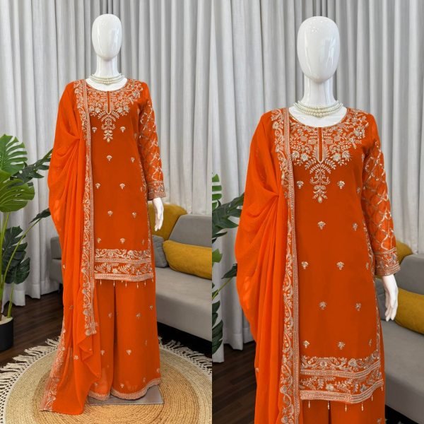 Stylish Faux Georgette Kurti Palazzo Set with Thread And Sequins Work for Party Wear Ready To Wear Collection