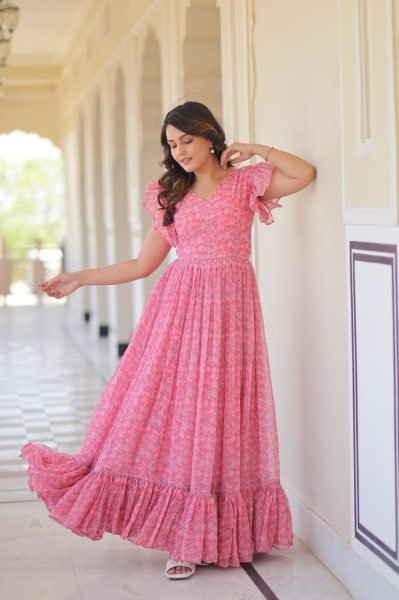 Stylish Faux Georgette Printed Gown with Flair   Bell Sleeves Party Wear Dress for Women at Bulk Stock for Resellers Georgette Kurti 