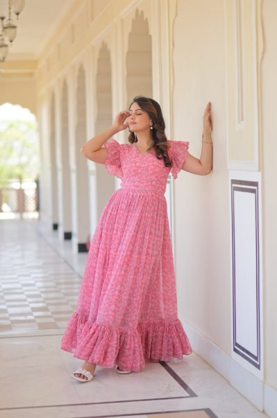 Stylish Faux Georgette Printed Gown with Flair   Bell Sleeves Party Wear Dress for Women at Bulk Stock for Resellers Georgette Kurti 