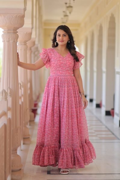 Stylish Faux Georgette Printed Gown with Flair   Bell Sleeves Party Wear Dress for Women at Bulk Stock for Resellers Georgette Kurti 