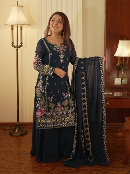 Stylish Fox Georgette Kurti with Circular Plazzo and Embroidered Dupatta Perfect for Celebrations 