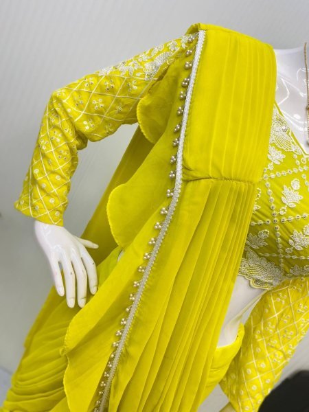 Stylish Georgette Ruffle Saree with Sequin Work Easy Draping Look Ready To Wear Saree 