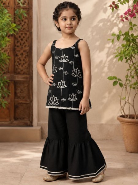 Stylish Girls Cotton Top and Bottom Set With Designer Embroidered Work Kurtis