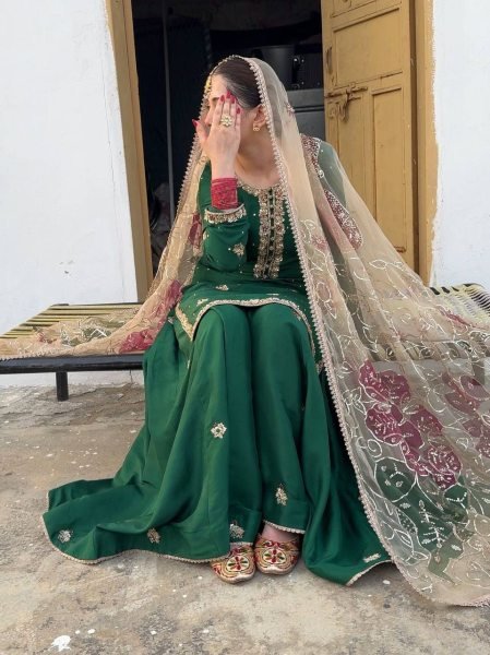 Stylish Green Chinon Punjabi Suit with Embroidery and Palazzo Dupatta Ready To Wear Ready To Wear Collection