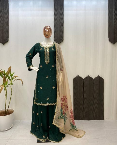 Stylish Green Chinon Punjabi Suit with Embroidery and Palazzo Dupatta Ready To Wear Ready To Wear Collection