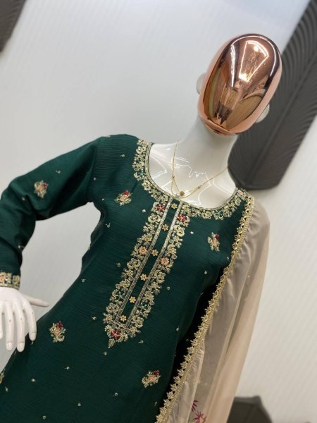 Stylish Green Chinon Punjabi Suit with Embroidery and Palazzo Dupatta Ready To Wear Ready To Wear Collection