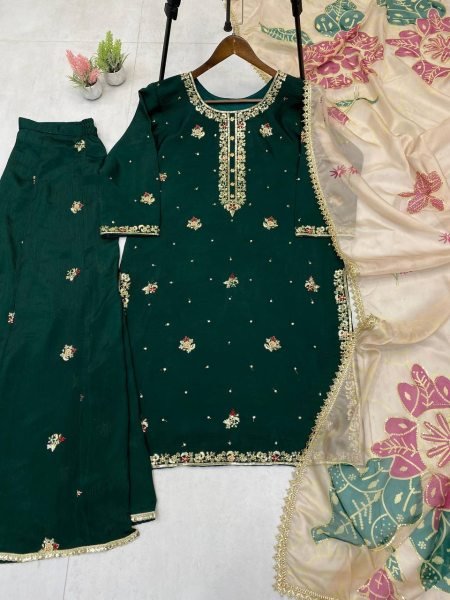 Stylish Green Chinon Punjabi Suit with Embroidery and Palazzo Dupatta Ready To Wear Ready To Wear Collection