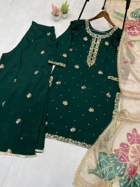 Stylish Green Chinon Punjabi Suit with Embroidery and Palazzo Dupatta Ready To Wear Ready To Wear Collection