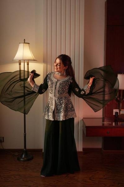 Stylish Green Color Georgette Fabric Plazzo Style Kurti Set With Front and Back Side Sequence Work Ready To Wear Collection