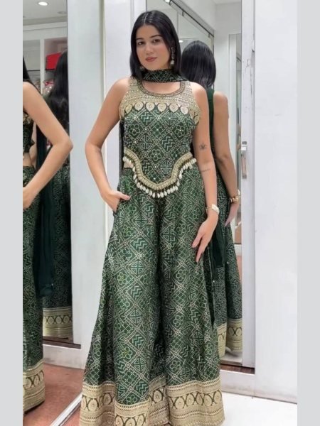 Stylish Green Digital Print Faux Georgette Top   Palazzo Set with Sequence Embroidery   Kodi Lace Border for Party Wear 