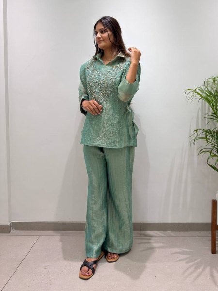 Stylish Green Premium Salsa Silk Shirt Pant Shrug Co Ord Set with Hand Embroidery 