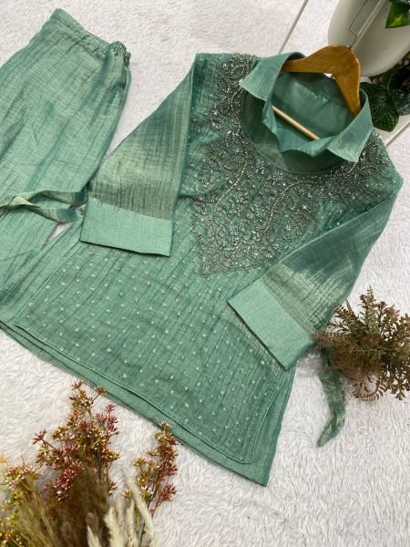 Stylish Green Premium Salsa Silk Shirt Pant Shrug Co Ord Set with Hand Embroidery Ready To Wear Collection