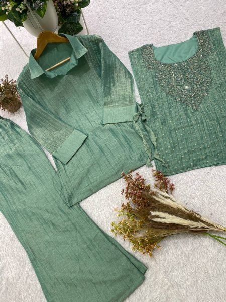 Stylish Green Premium Salsa Silk Shirt Pant Shrug Co Ord Set with Hand Embroidery Ready To Wear Collection