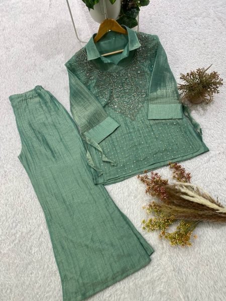 Stylish Green Premium Salsa Silk Shirt Pant Shrug Co Ord Set with Hand Embroidery Ready To Wear Collection