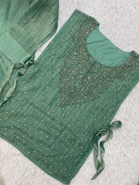 Stylish Green Premium Salsa Silk Shirt Pant Shrug Co Ord Set with Hand Embroidery Ready To Wear Collection