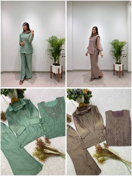 Stylish Green Premium Salsa Silk Shirt Pant Shrug Co Ord Set with Hand Embroidery Ready To Wear Collection