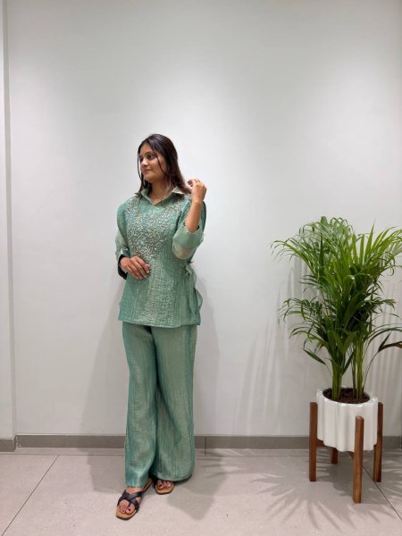 Stylish Green Premium Salsa Silk Shirt Pant Shrug Co Ord Set with Hand Embroidery Ready To Wear Collection