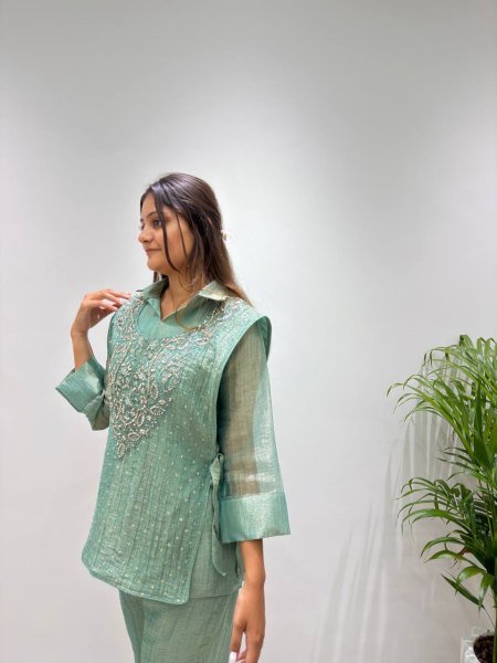 Stylish Green Premium Salsa Silk Shirt Pant Shrug Co Ord Set with Hand Embroidery Ready To Wear Collection