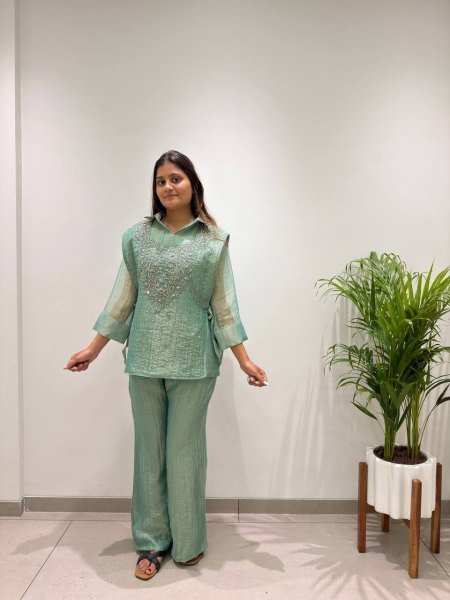 Stylish Green Premium Salsa Silk Shirt Pant Shrug Co Ord Set with Hand Embroidery Ready To Wear Collection