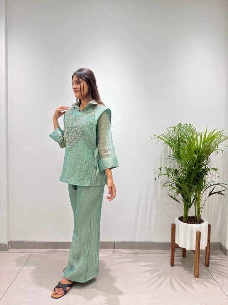 Stylish Green Premium Salsa Silk Shirt Pant Shrug Co Ord Set with Hand Embroidery Ready To Wear Collection