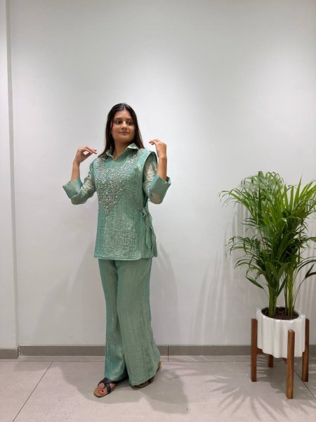 Stylish Green Premium Salsa Silk Shirt Pant Shrug Co Ord Set with Hand Embroidery Ready To Wear Collection