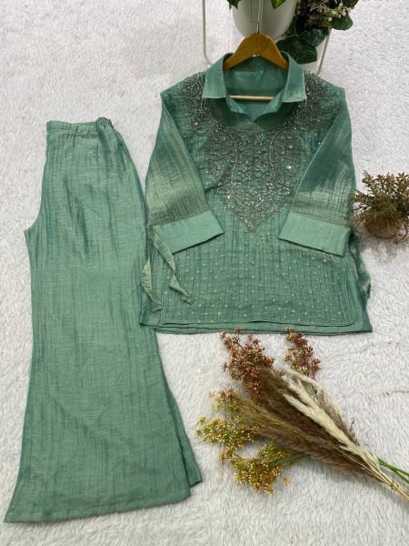 Stylish Green Premium Salsa Silk Shirt Pant Shrug Co Ord Set with Hand Embroidery Ready To Wear Collection