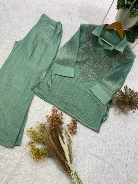 Stylish Green Premium Salsa Silk Shirt Pant Shrug Co Ord Set with Hand Embroidery Ready To Wear Collection
