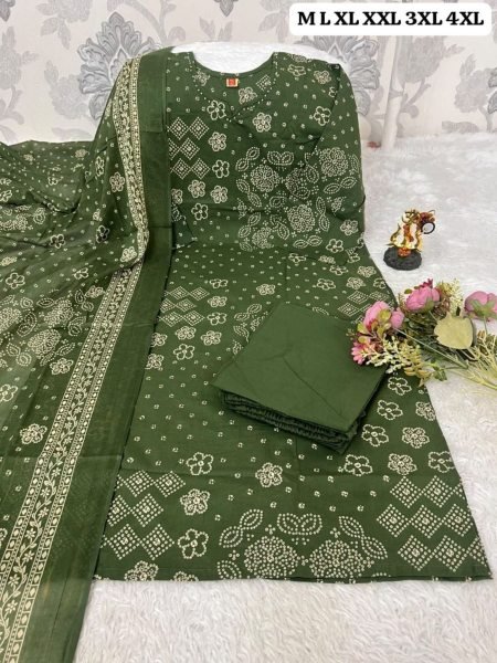 Stylish Green Pure Cotton Bandhani Kurti Pant Dupatta Set with Traditional Print Kurtis