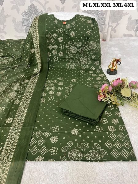 Stylish Green Pure Cotton Bandhani Kurti Pant Dupatta Set with Traditional Print Cotton Kurtis Wholesale